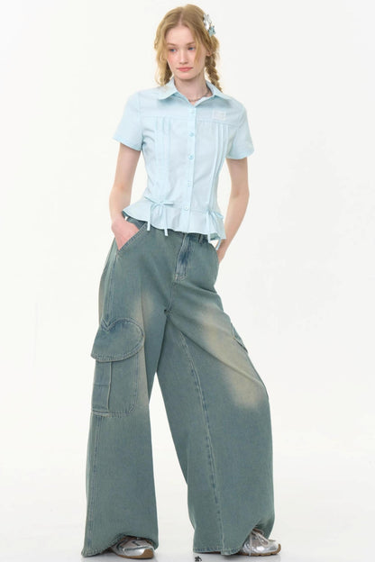 Retro Blue Bow Blouse