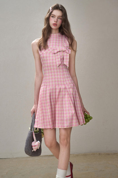 Bow Halterneck Plaid Dress