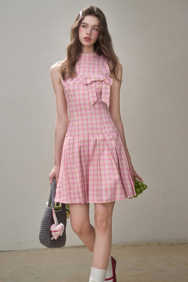 Bow Halterneck Plaid Dress