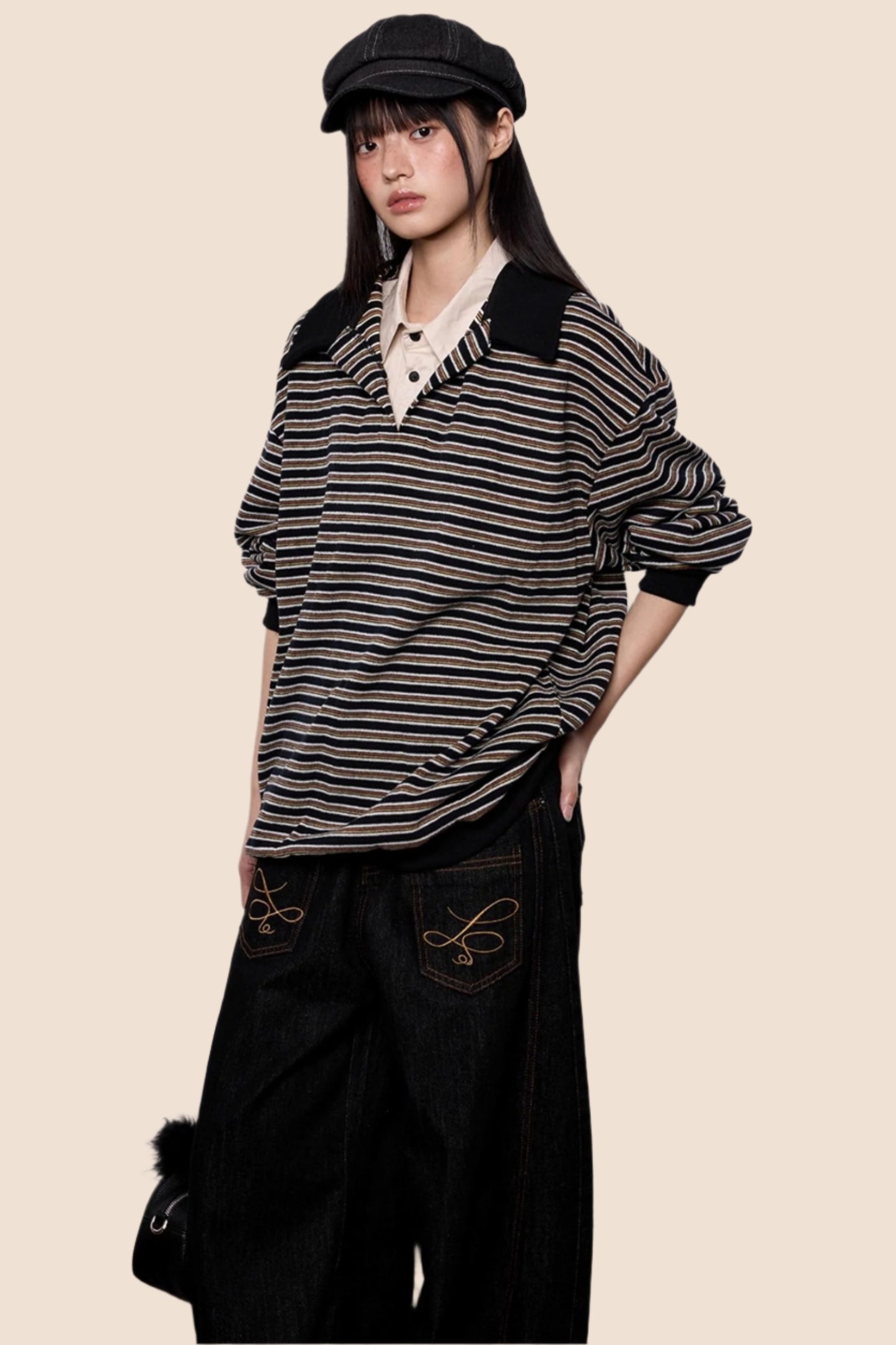 Striped Roll-neck Polo Shirt Top