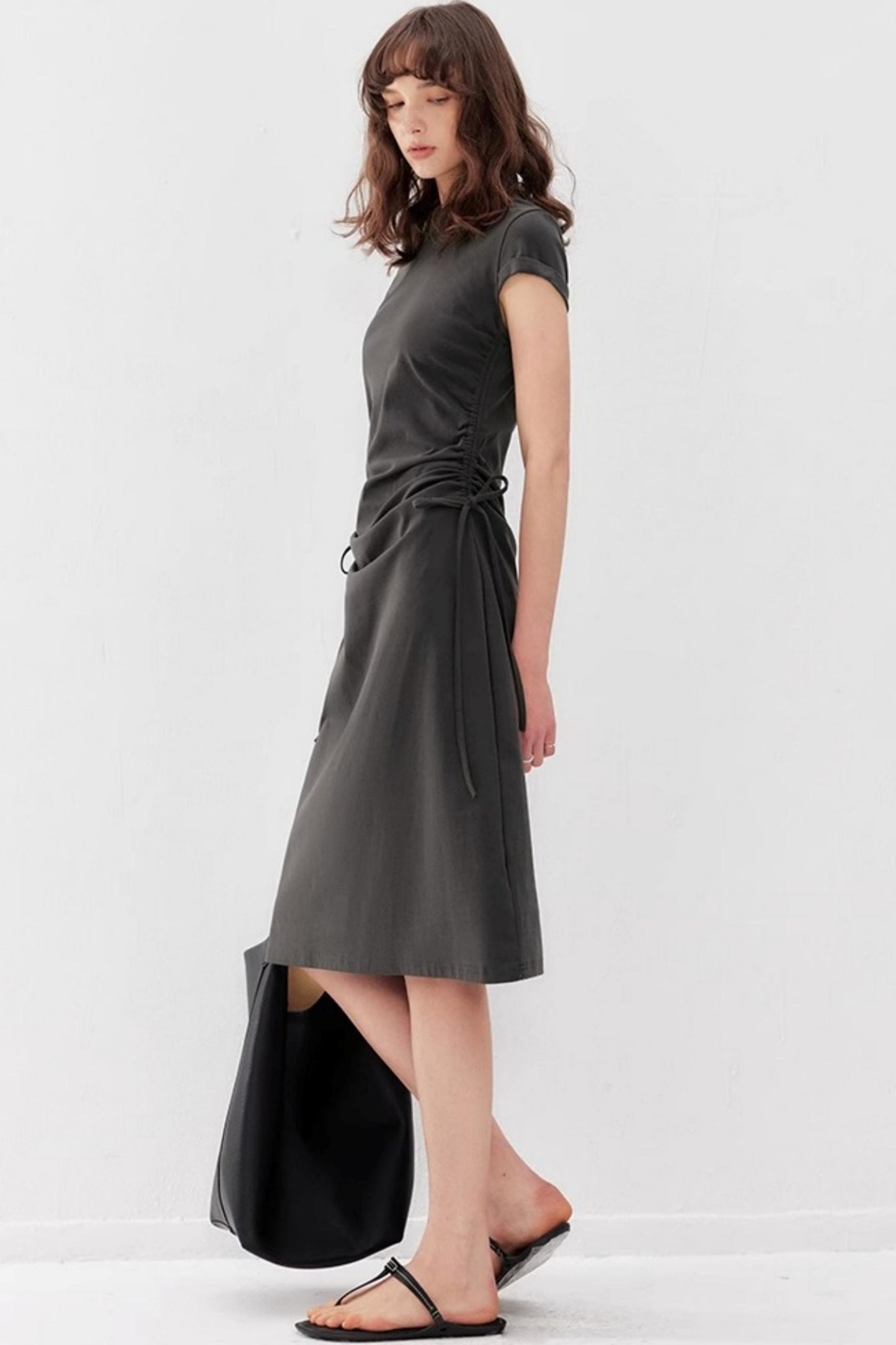 Drawstring Waist Slim Midi Dress