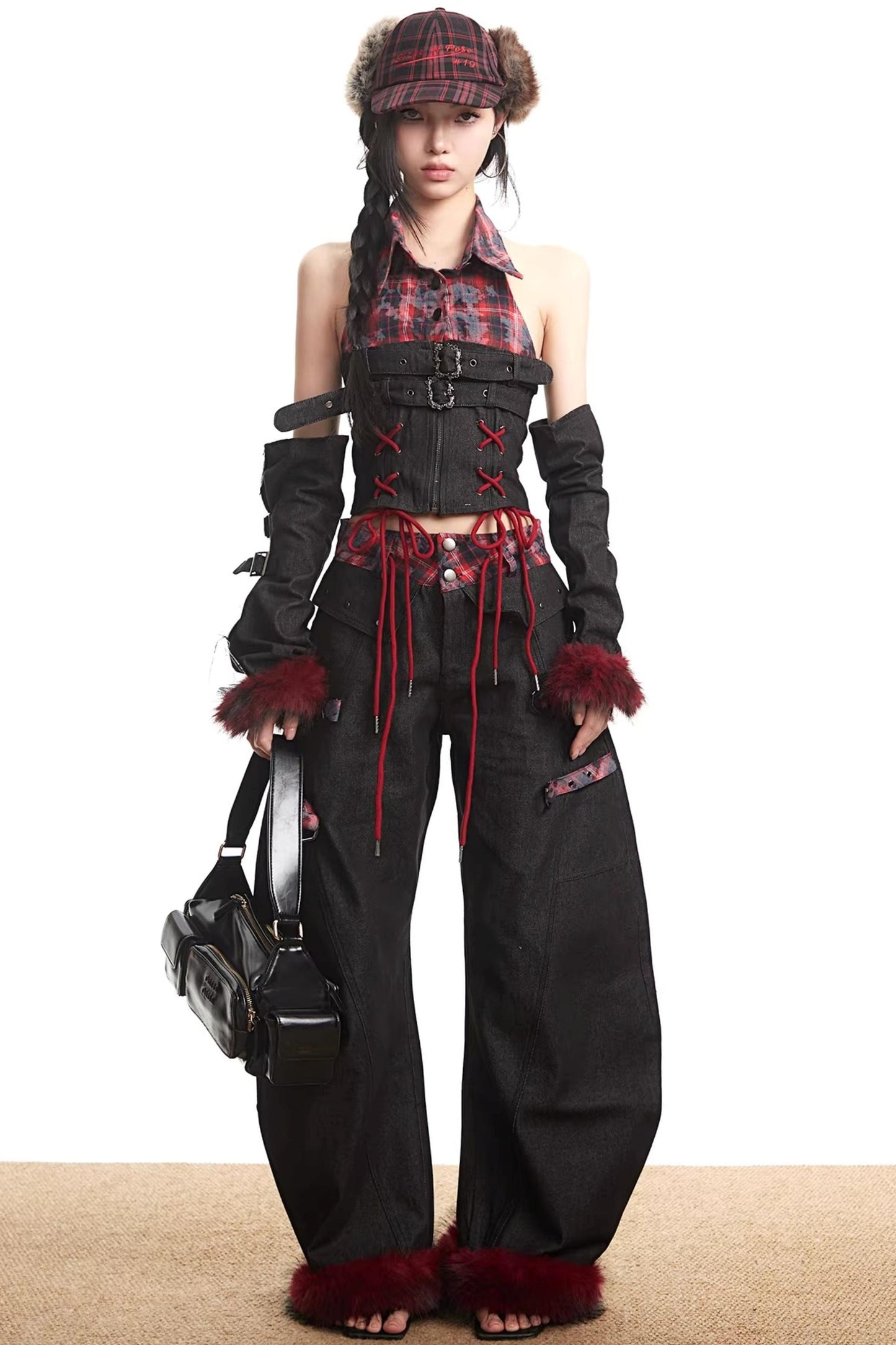 Plaid Patchwork Denim Set-Up