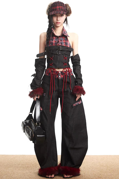 Plaid Patchwork Denim Set-Up