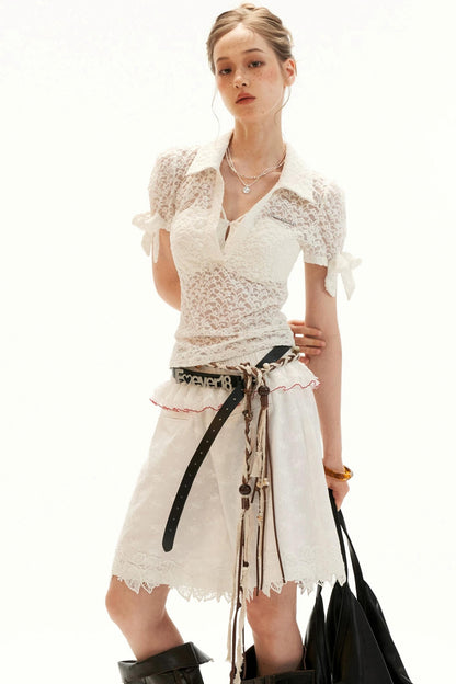 Lace Bow Puff Sleeve Top