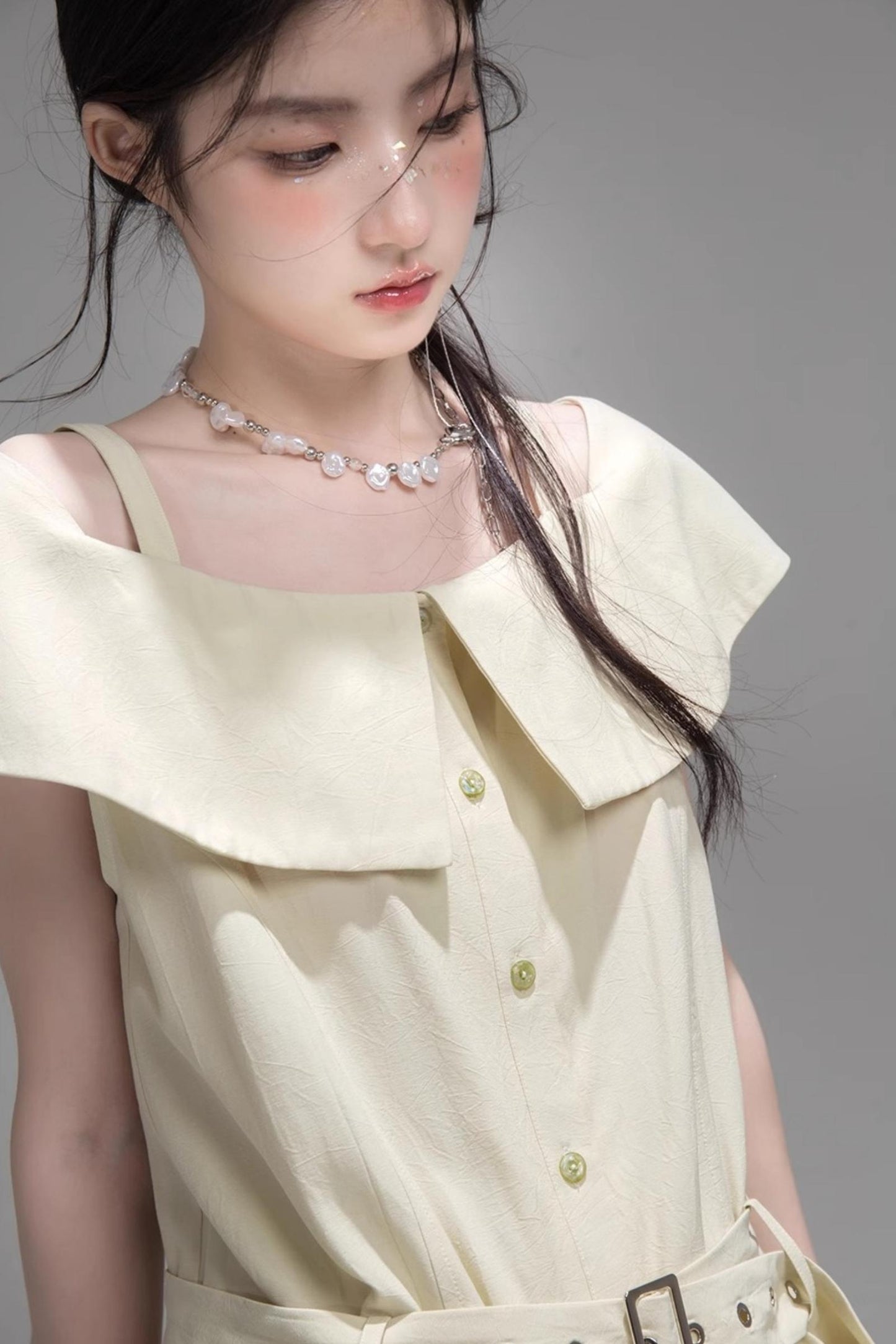 Layered Lime Green Belted Shirt & Pleated Shorts Set