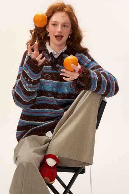 Star Stripe Polo Collar Sweater