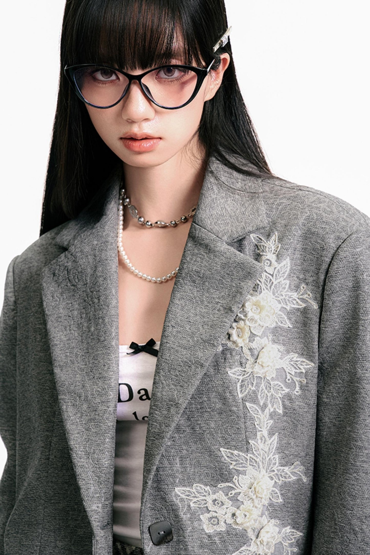 Gray Embossed Rose Blazer