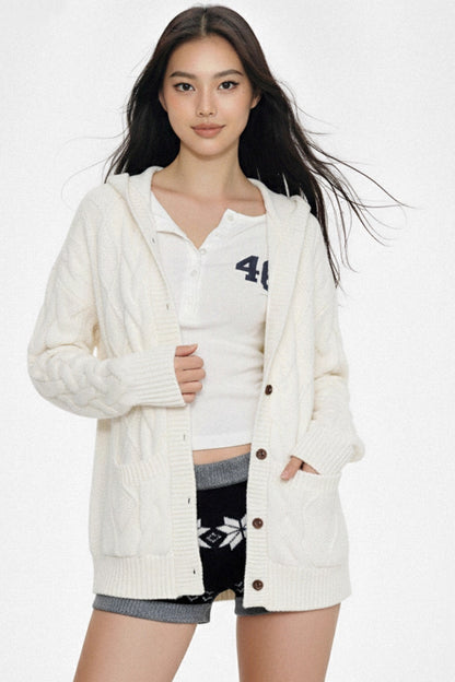 White Twist-Knit Hooded Cardigan