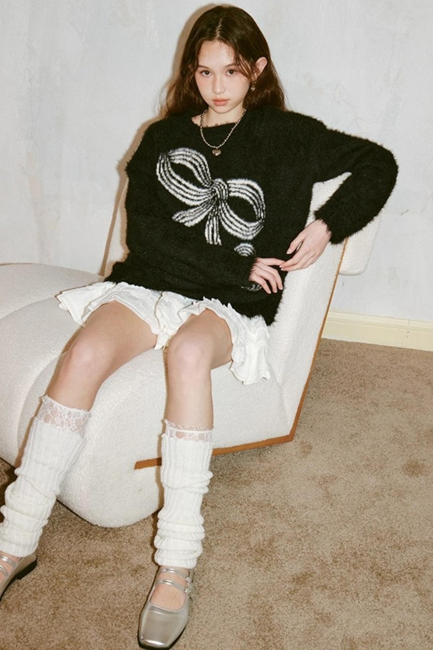 Striped Bow Faux Mink Sweater