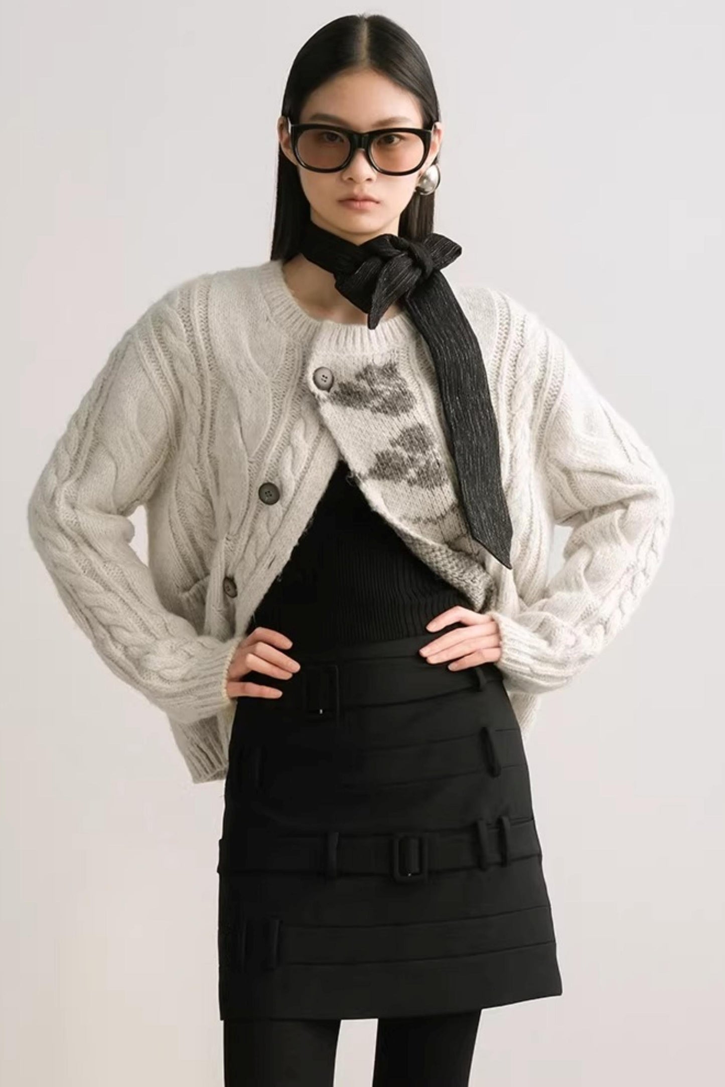 Faux Belt Patchwork Skirt