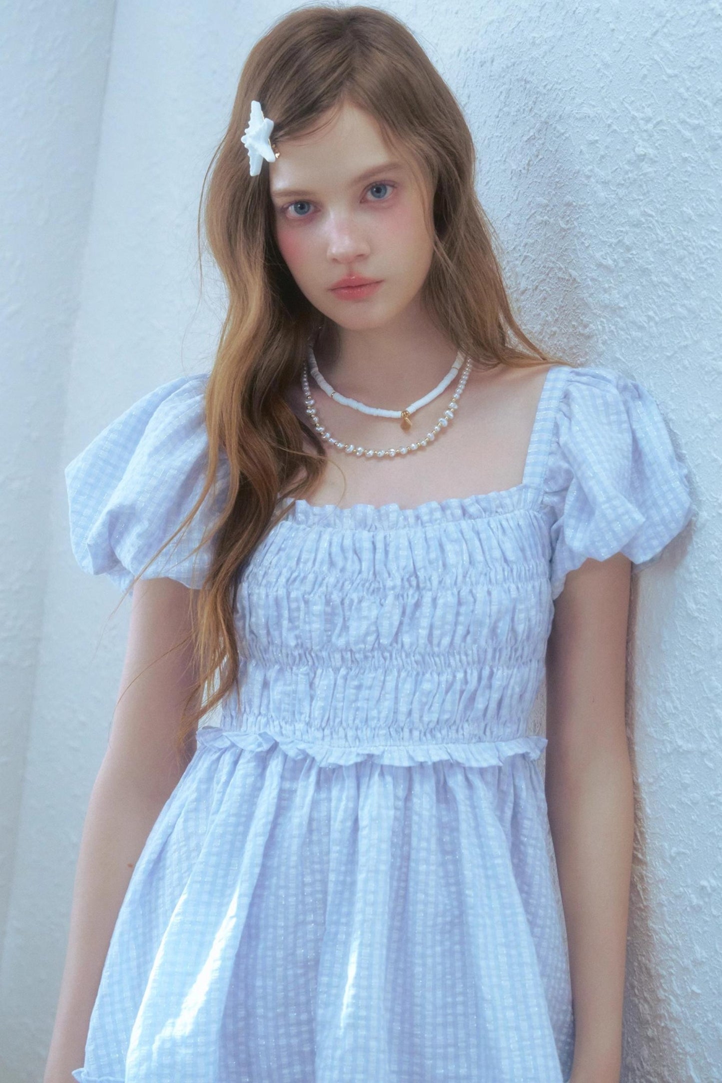 Blue Plaid Bubble Sleeves Dress