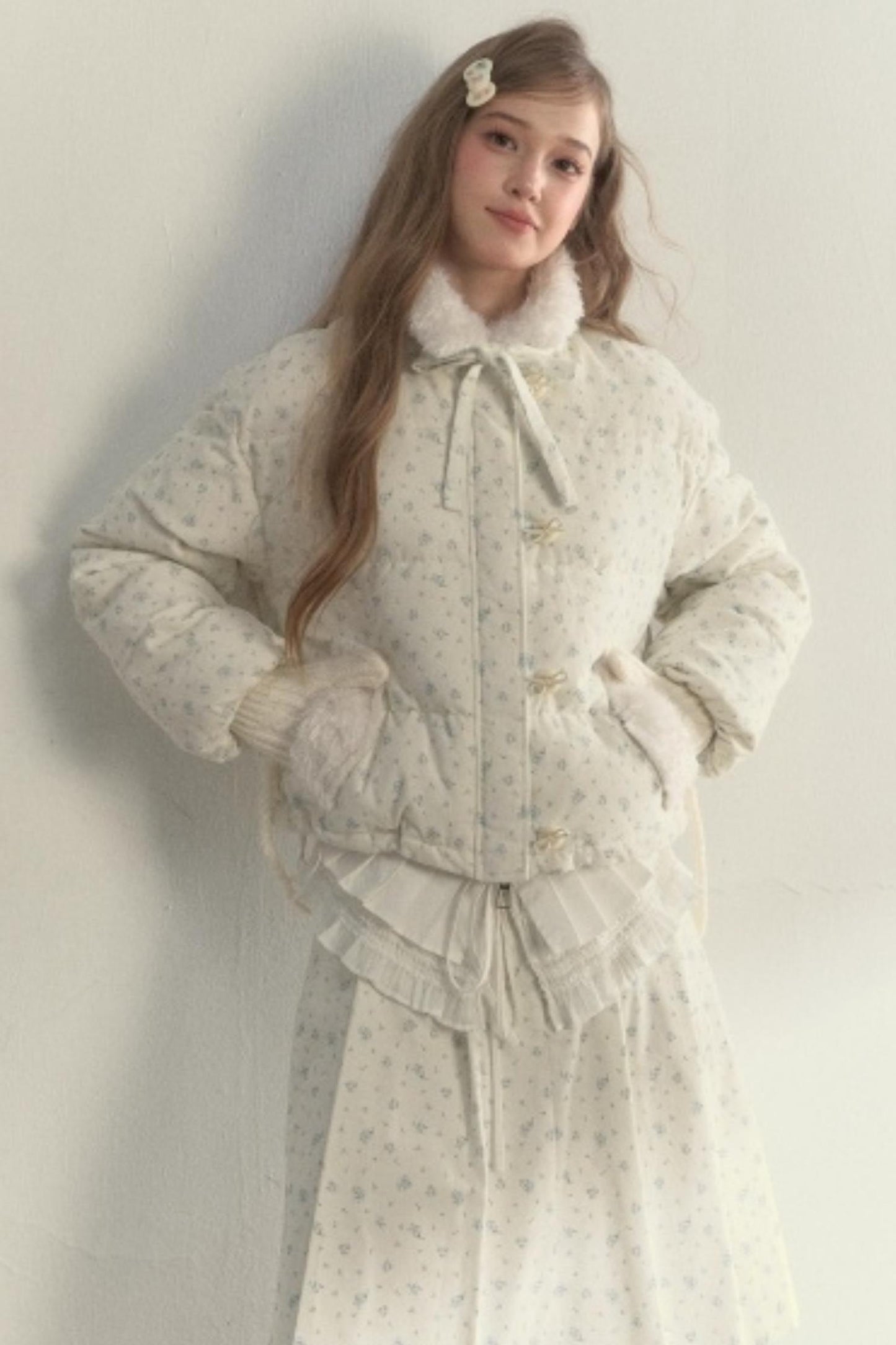 Floral Corduroy Pleated Jacket Set-Up