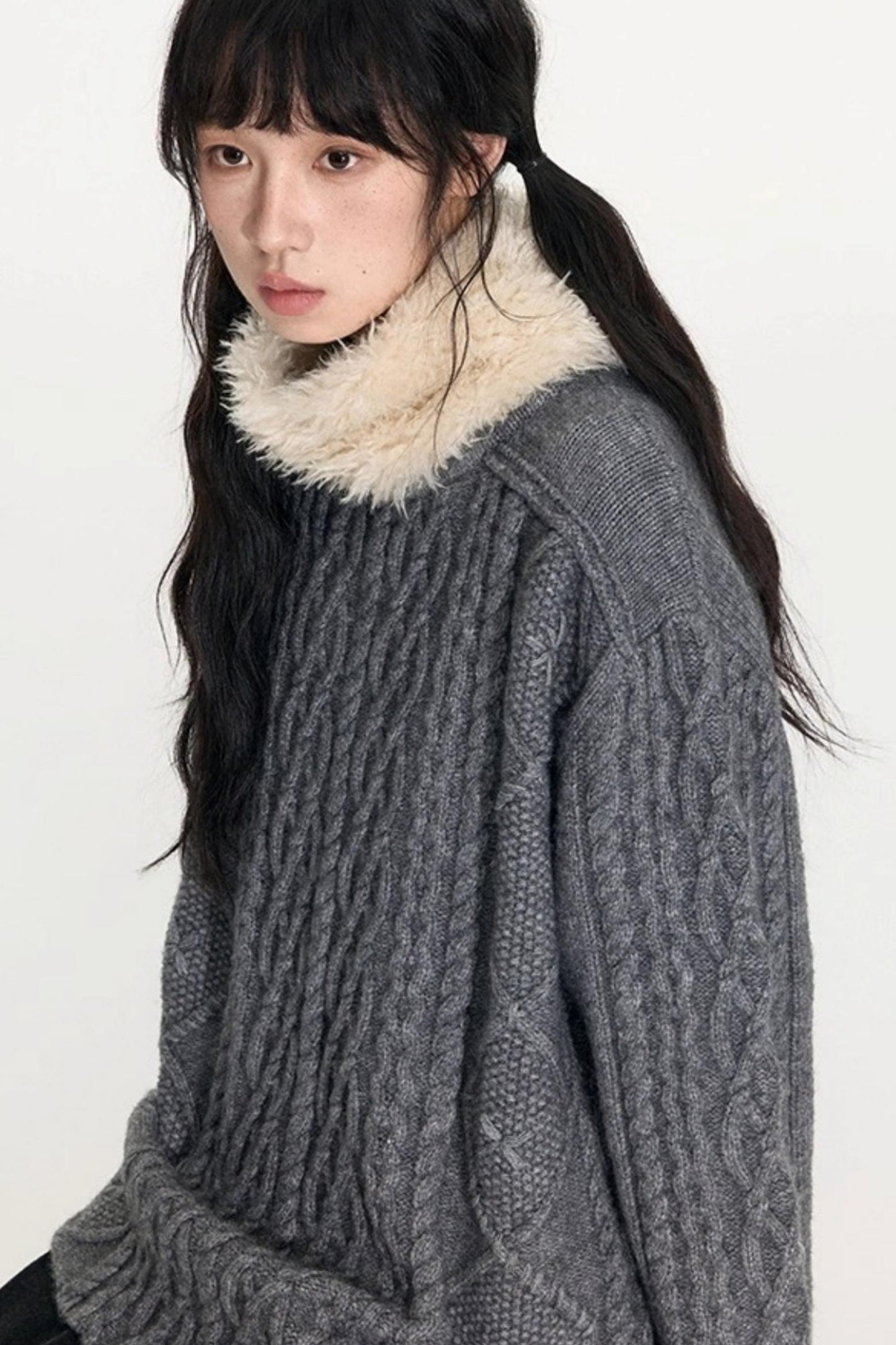 Crew Neck Crochet Cable Knit Sweater