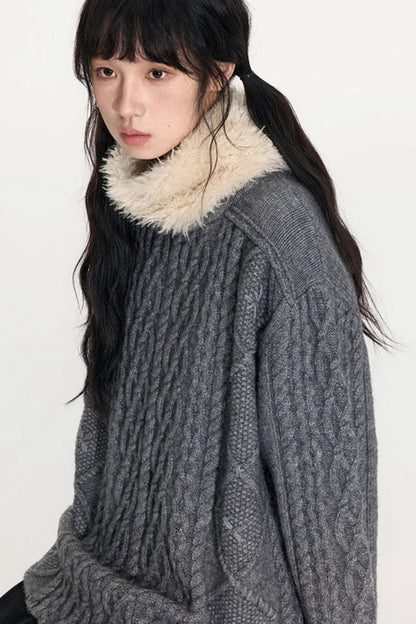 Crew Neck Crochet Cable Knit Sweater