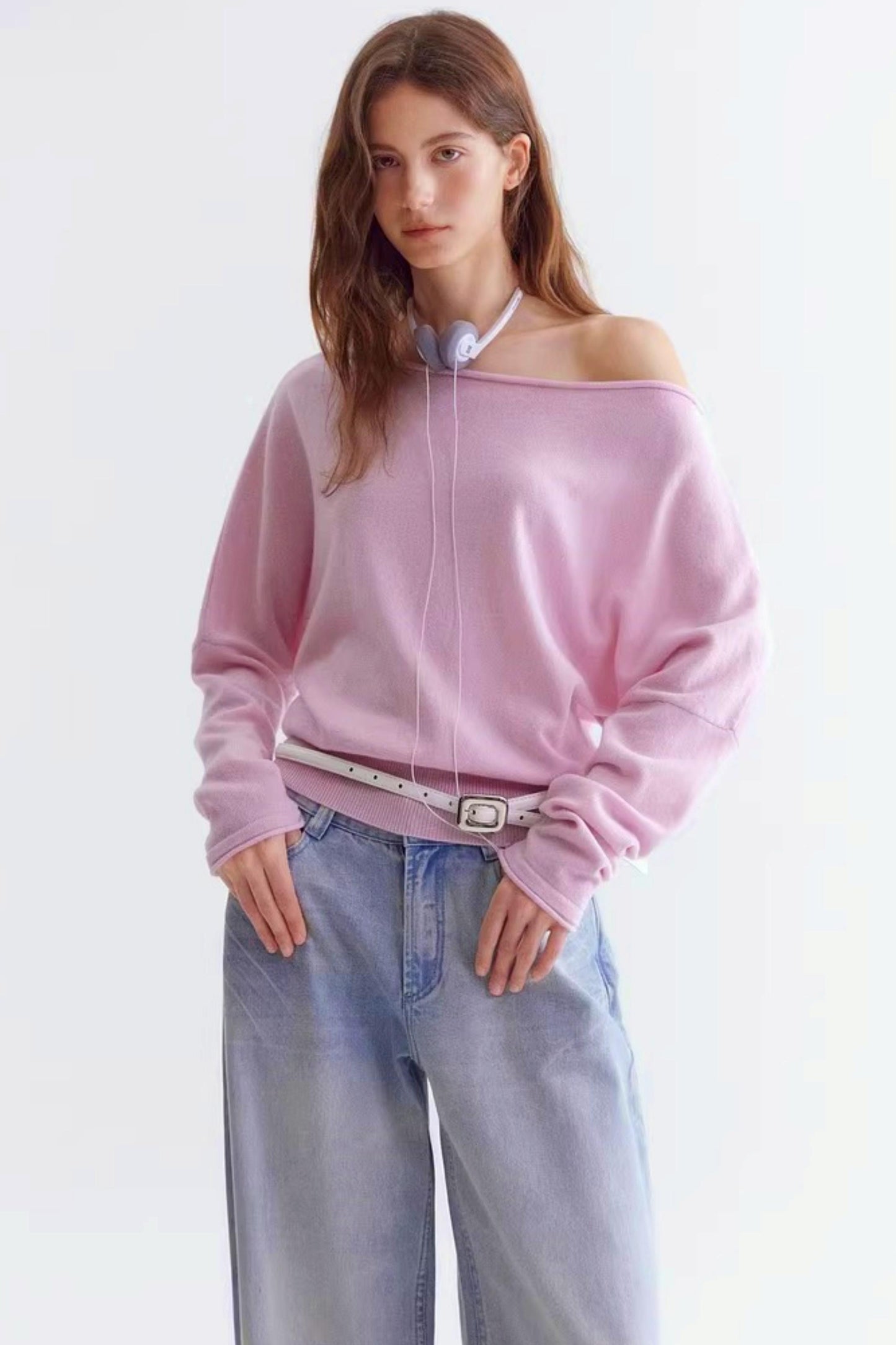 Rolled Edge Off-Shoulder Wool Sweater