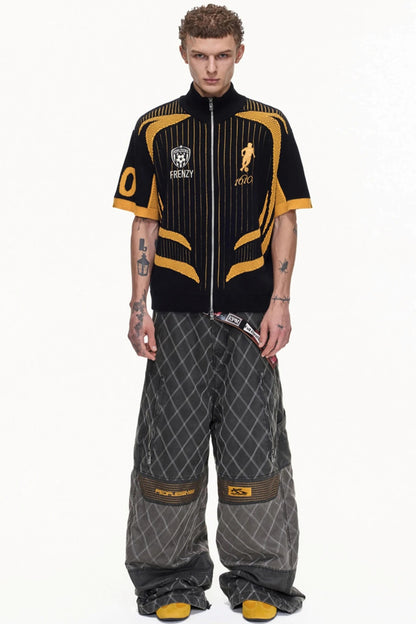 Yellow Black Mesh Knit Polo Top