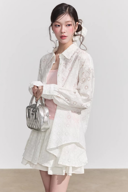 Elegant Hollow-Out Lace Blouse & A-Line Skirt Set-Up