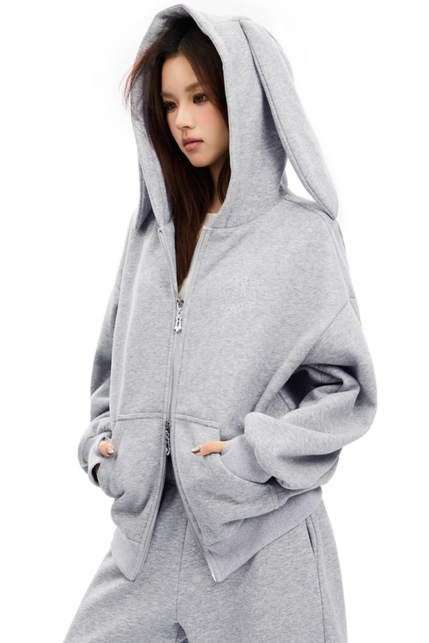 Bunny Ears Hooded Cardigan & Wide Pants Set-Up