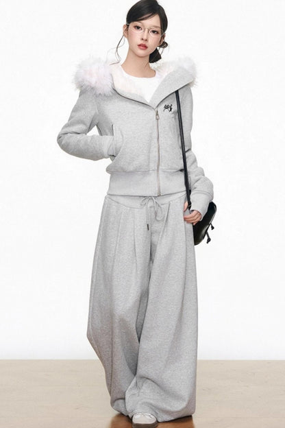 Plush Knitted Zipper Sweatshirt Set-Up