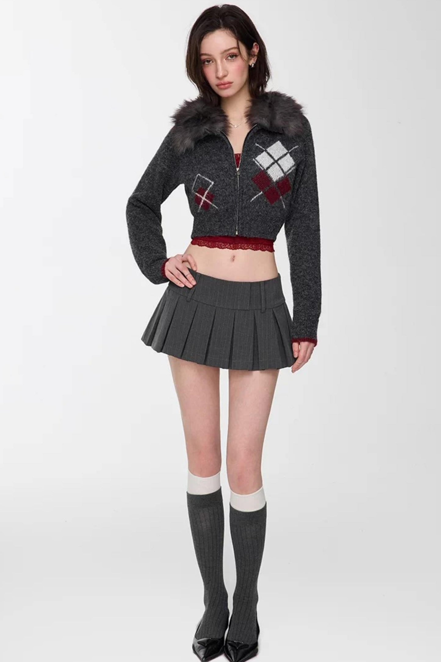 Gray Striped Pleated Skirt