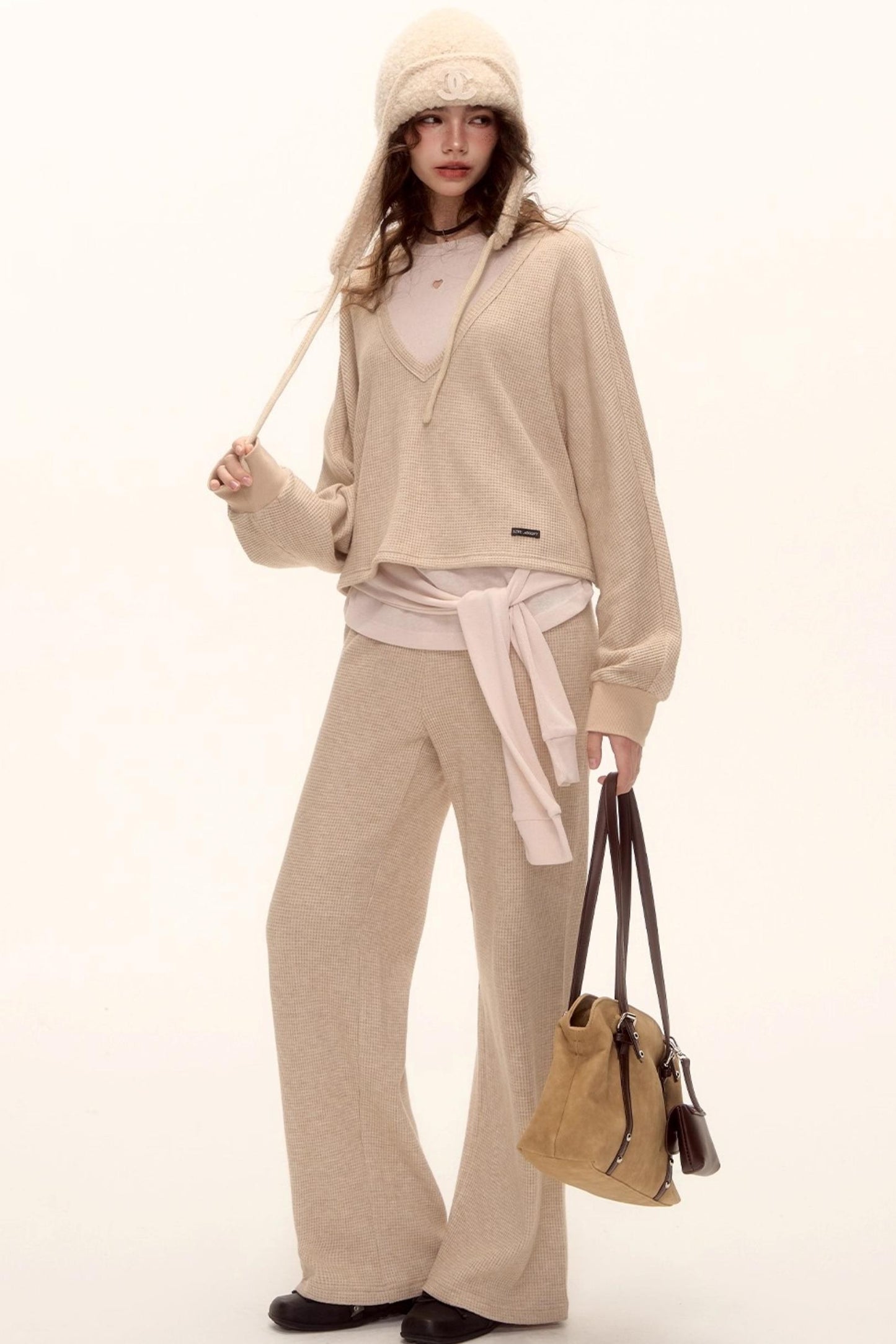 Waffle Knit V-Neck Sweater Set-Up