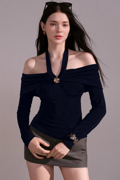 Sense Twisted Navy Halterneck Long Sleeve Top