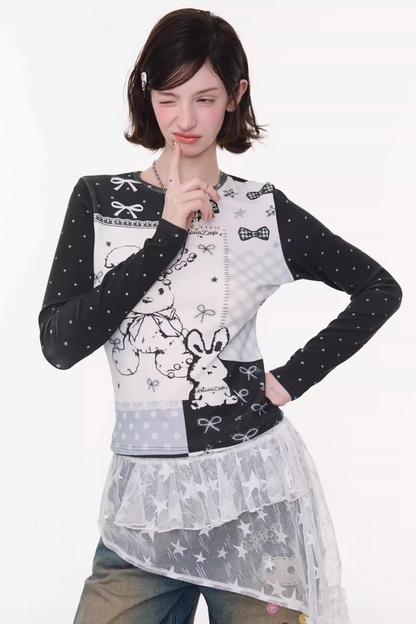 Contrast Bow Rabbit Top
