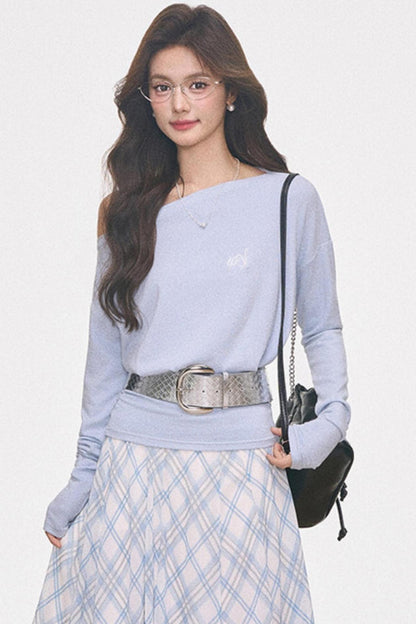 Knitted Off-Shoulder Top and Plaid Skirt Set-Up