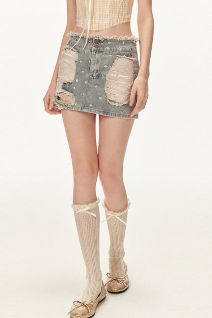 Denim Studded Jacket With Short Skirt Set-Up