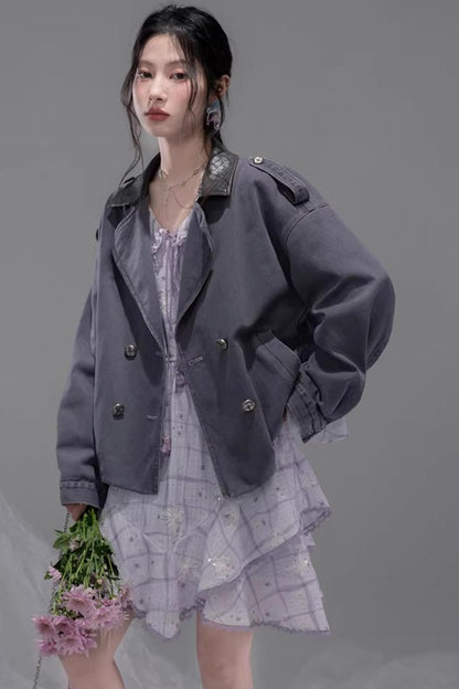 Ink Gray Leather Patchwork Jacket