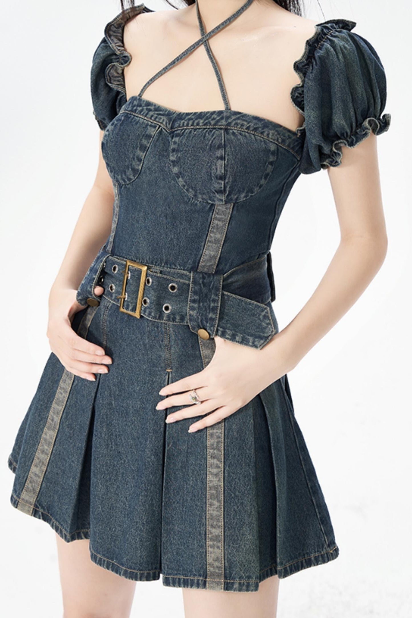 Vintage One-Shoulder Bubble Sleeves Denim Dress