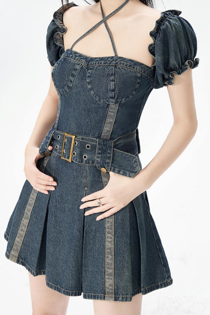 Vintage One-Shoulder Bubble Sleeves Denim Dress