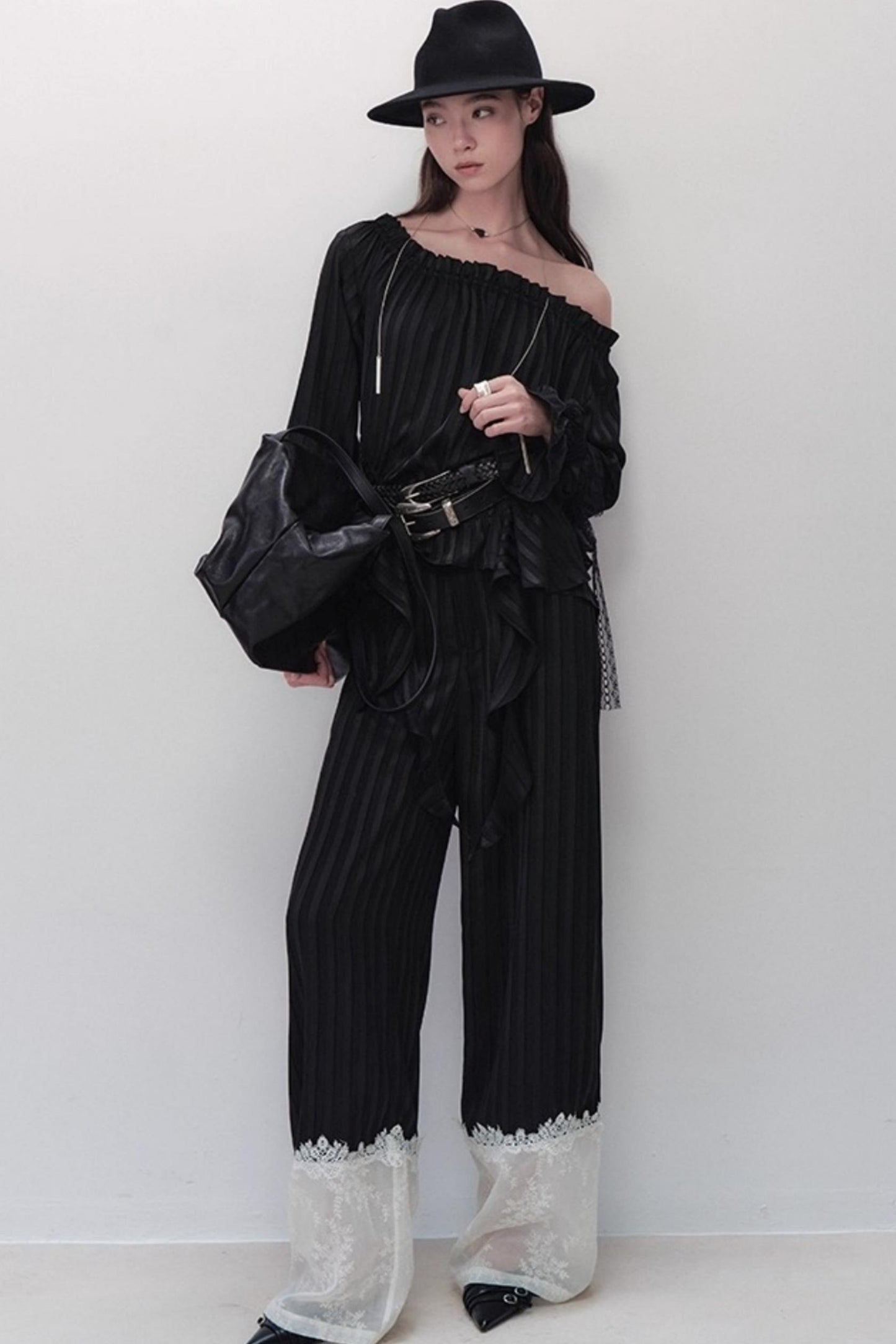 Flowing Tencel Embroidered Striped Straight-leg Pants