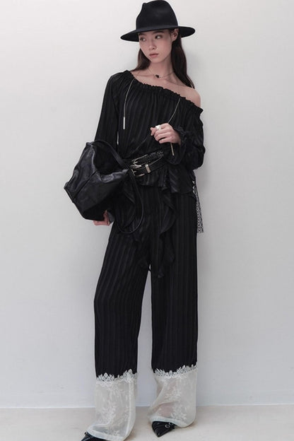 Flowing Tencel Embroidered Striped Straight-leg Pants