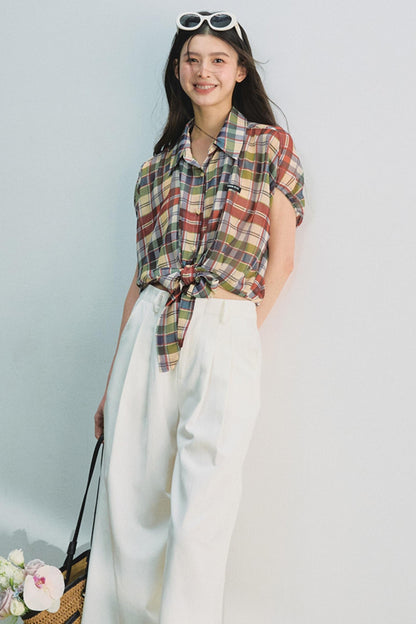 Plaid Tie Top & Midi Skirt Set-Up