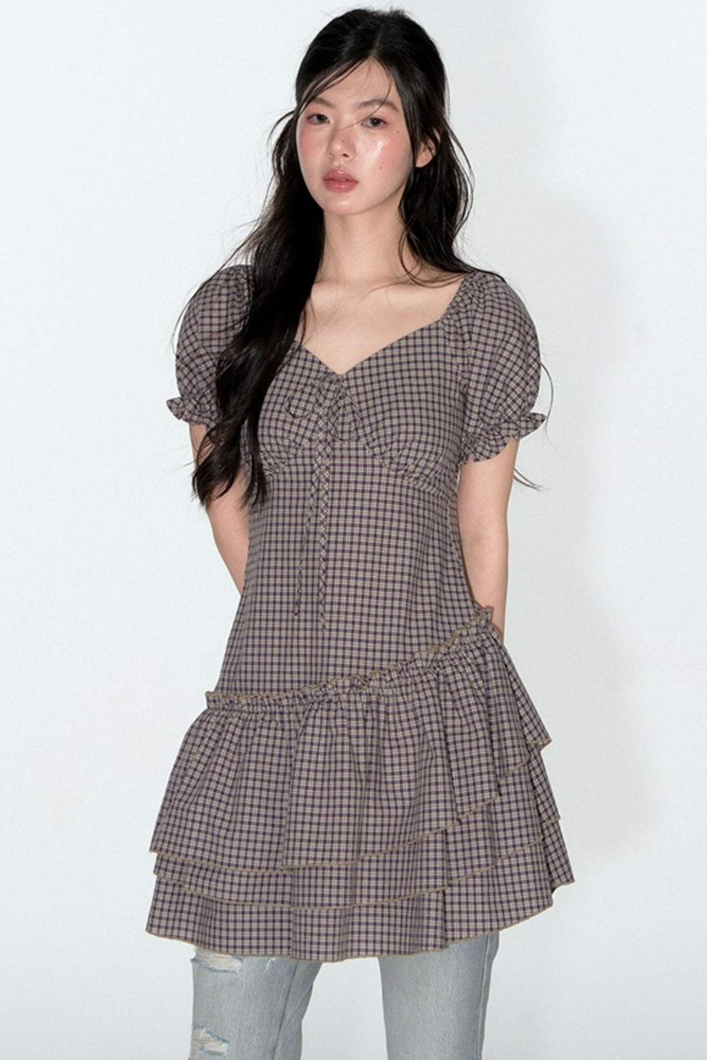 Nap Check Beveled V-Neck Cinched Waist Dress