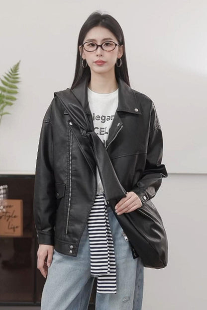 Simple Black PU Leather Jacket