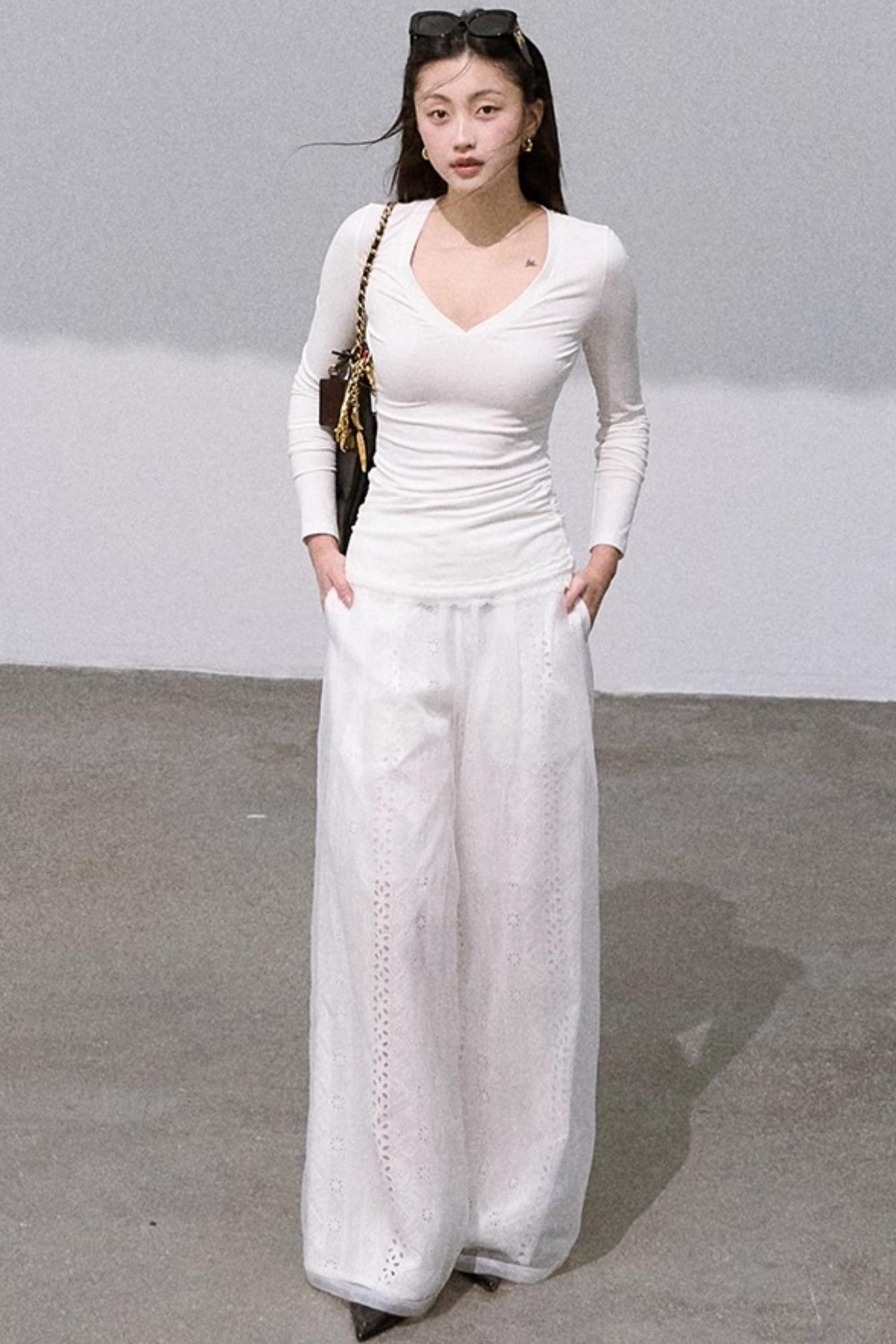 Shimmer Cotton High Waist Wide-Leg Pants