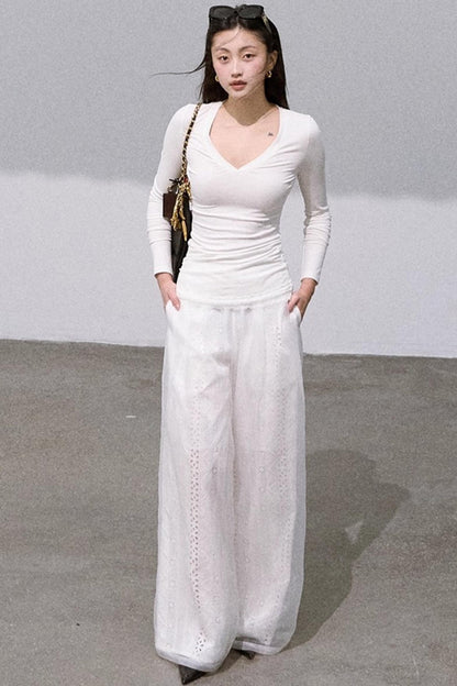 Shimmer Cotton High Waist Wide-Leg Pants