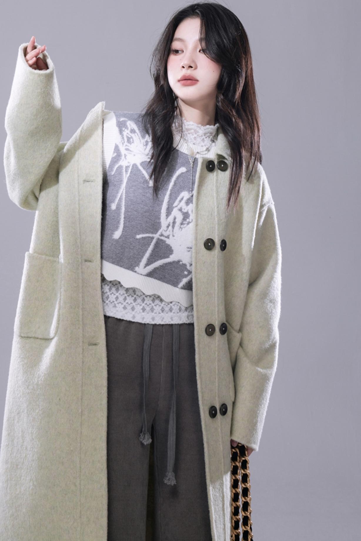 COTRE Yeonnam-dong Street Check Lost Green Wool Hood Collar + Wool Tweed Coat