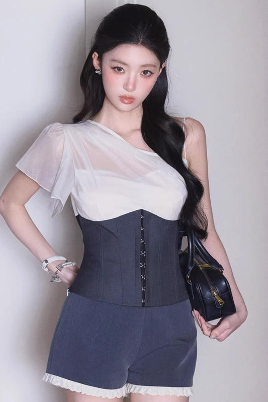 Asymmetrical Mesh Off-Shoulder  Top