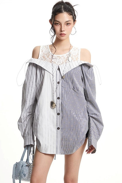 Patchwork Lace Striped Shirt