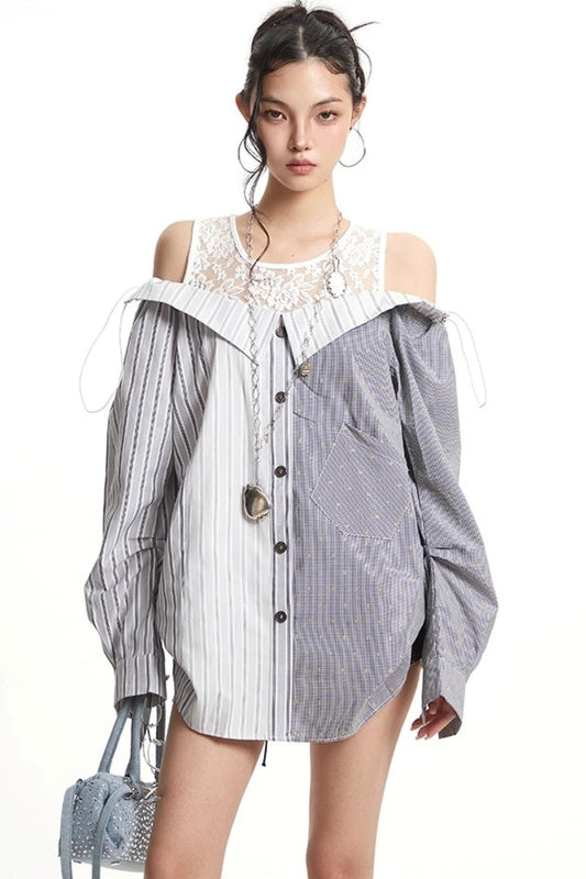 Patchwork Lace Striped Shirt