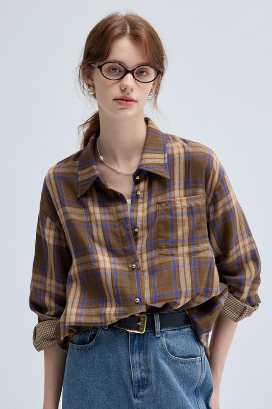 VEGA CHANG Vintage Plaid Shirt Damen Herbst 2024 neue modische lässig schlank lose Top