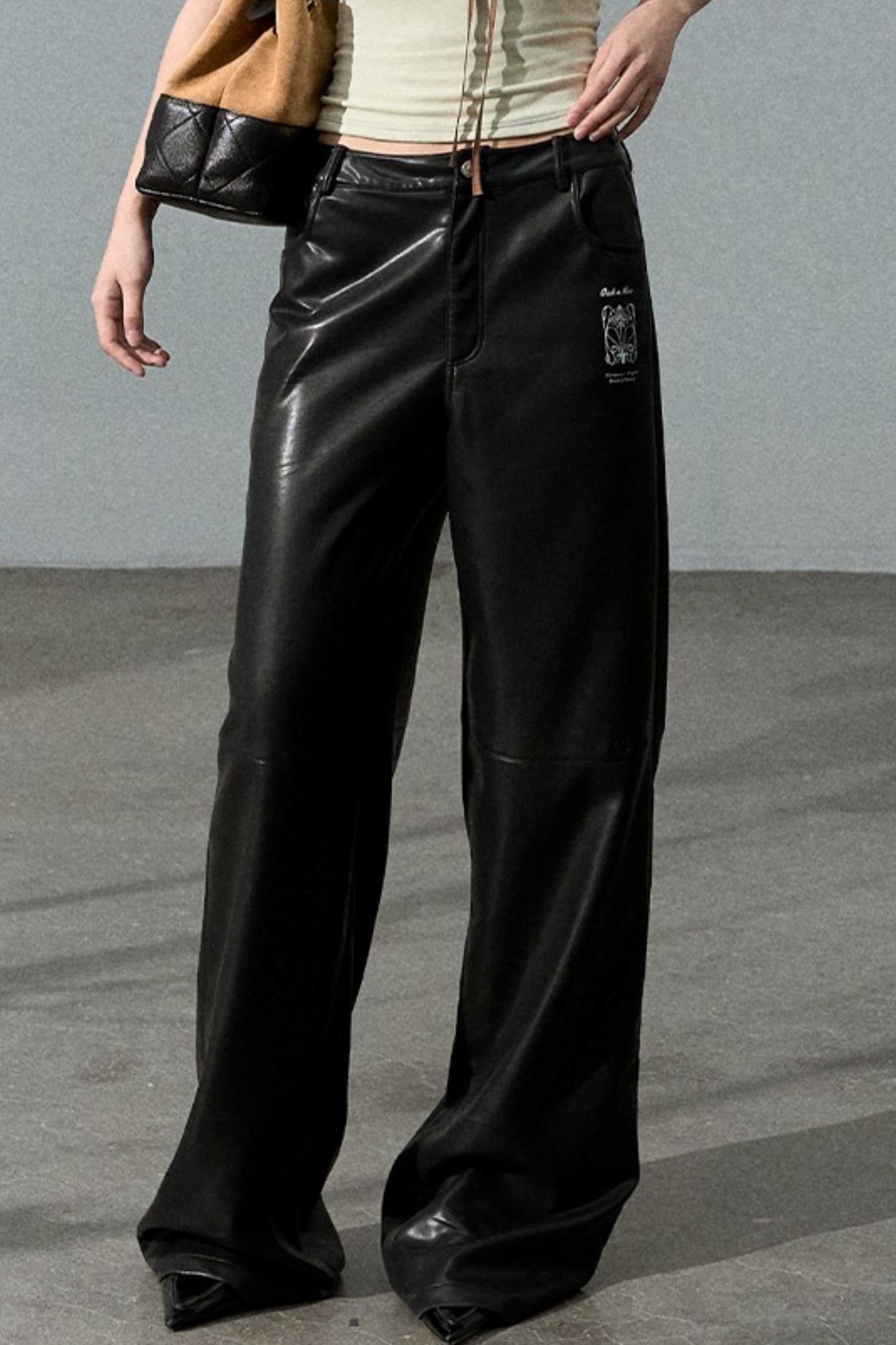 Retro Print Wide-leg Leather Pants