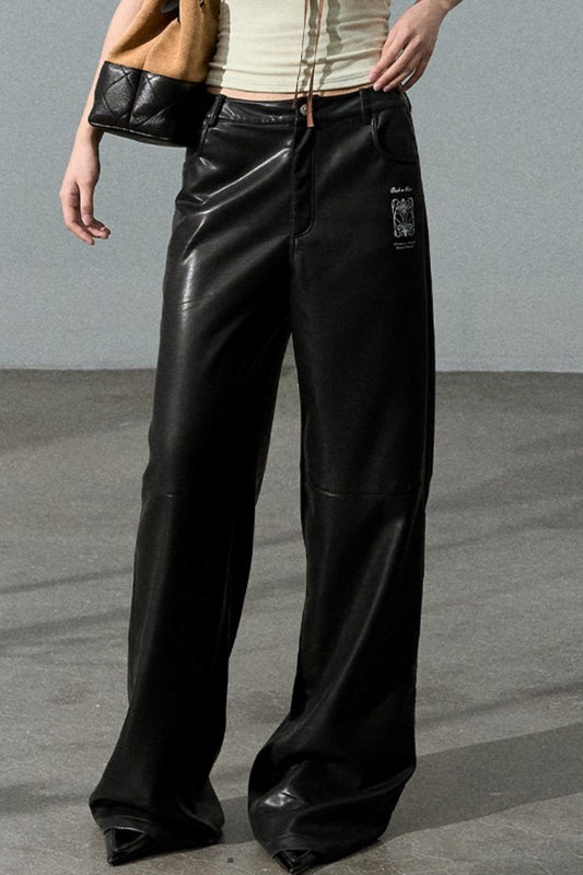 Retro Print Wide-leg Leather Pants