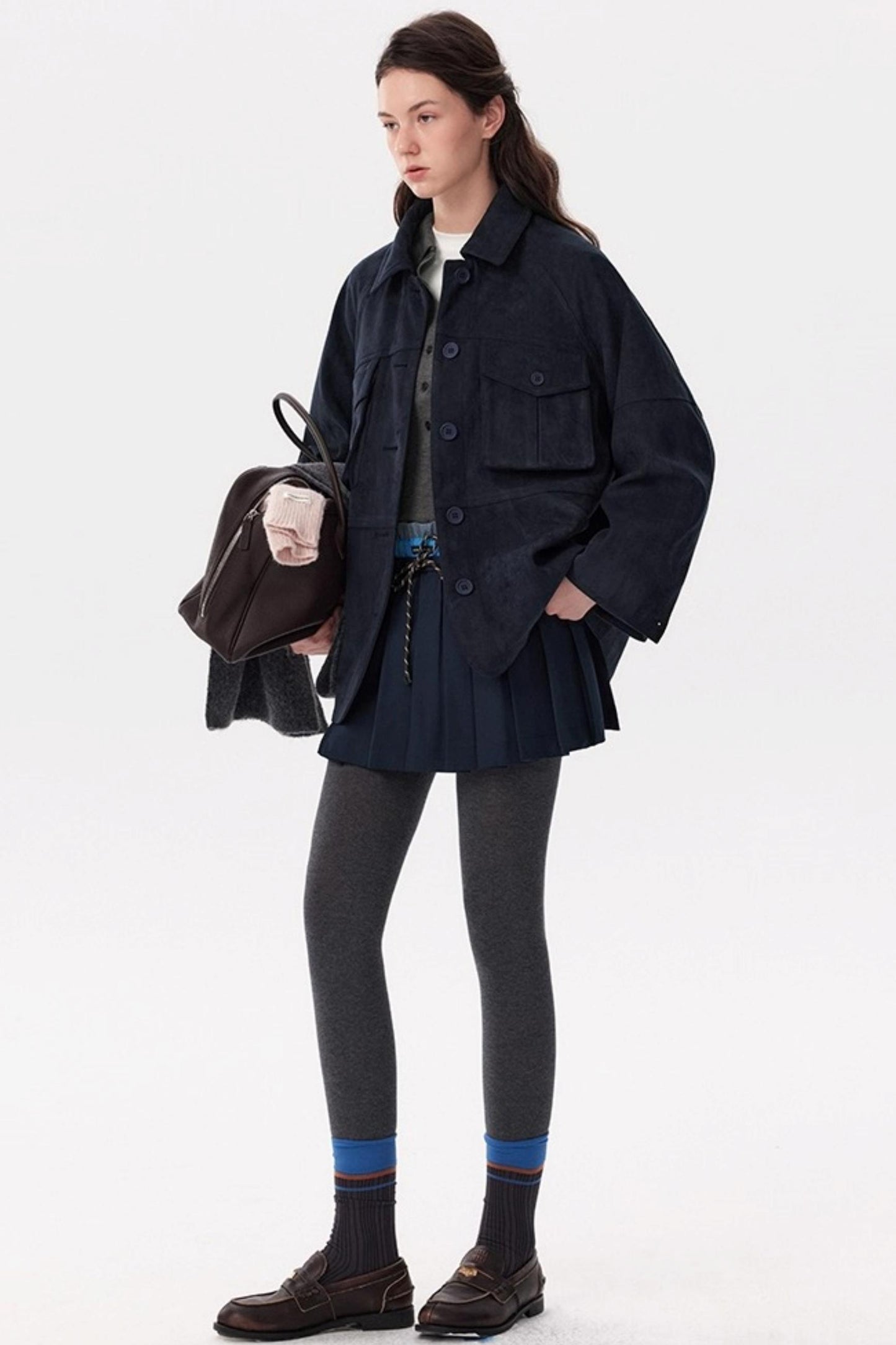 Cold Mid-Length Navy Suede Jacket