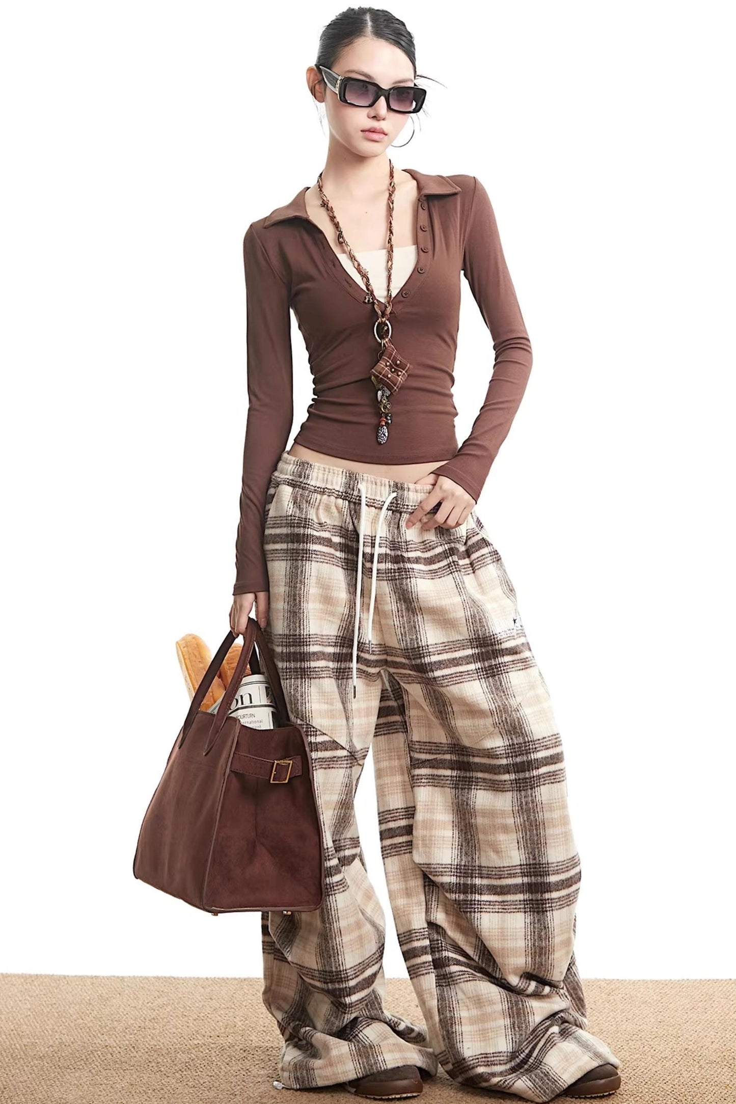 Retro Scimitar Plaid Wide-Leg Pants