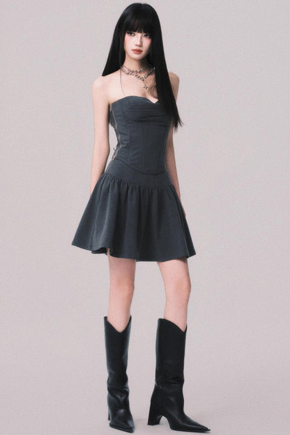 Gray Fishbone Waist Top Bustier Skirt Set-Up