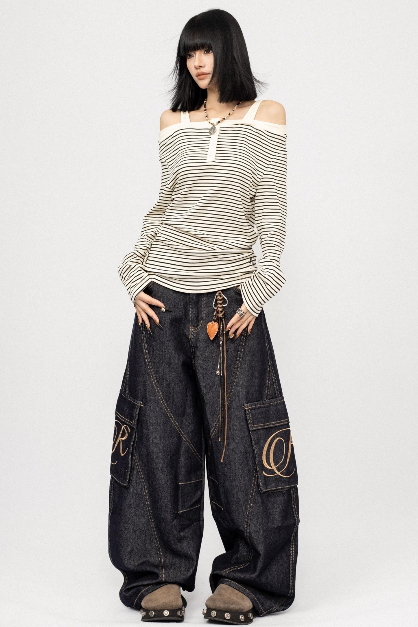 Striped Long Sleeve One Shoulder T-Shirt